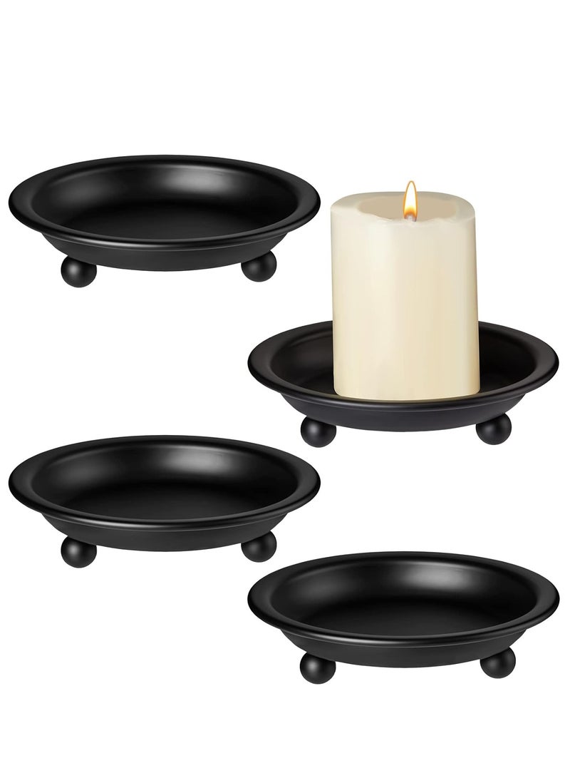 صينية شموع دائرية سوداء للعلاج العطري - طقم حامل شموع مكون من 4 قطع حامل شموع حديدي مزخرف لديكور المنزل، والقطعة المركزية، وعرض الطاولة | طبق شمعة لإذابة الشمع وأضواء الشاي والشموع العمودية - Image 1