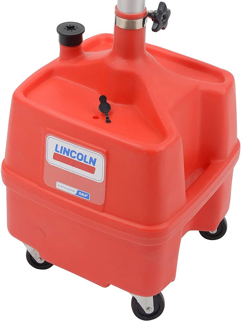 Lincoln 3508 8 Gallon Waste Fluid Drain Tank, 36-65" Adjustable Funnel Height, 17.5" Bowl, High-Density Polyethylene, Oil Filter Shelf, Draining Spigot and Bung Port, 4 2.5" Swivel Casters, Red - Image 2