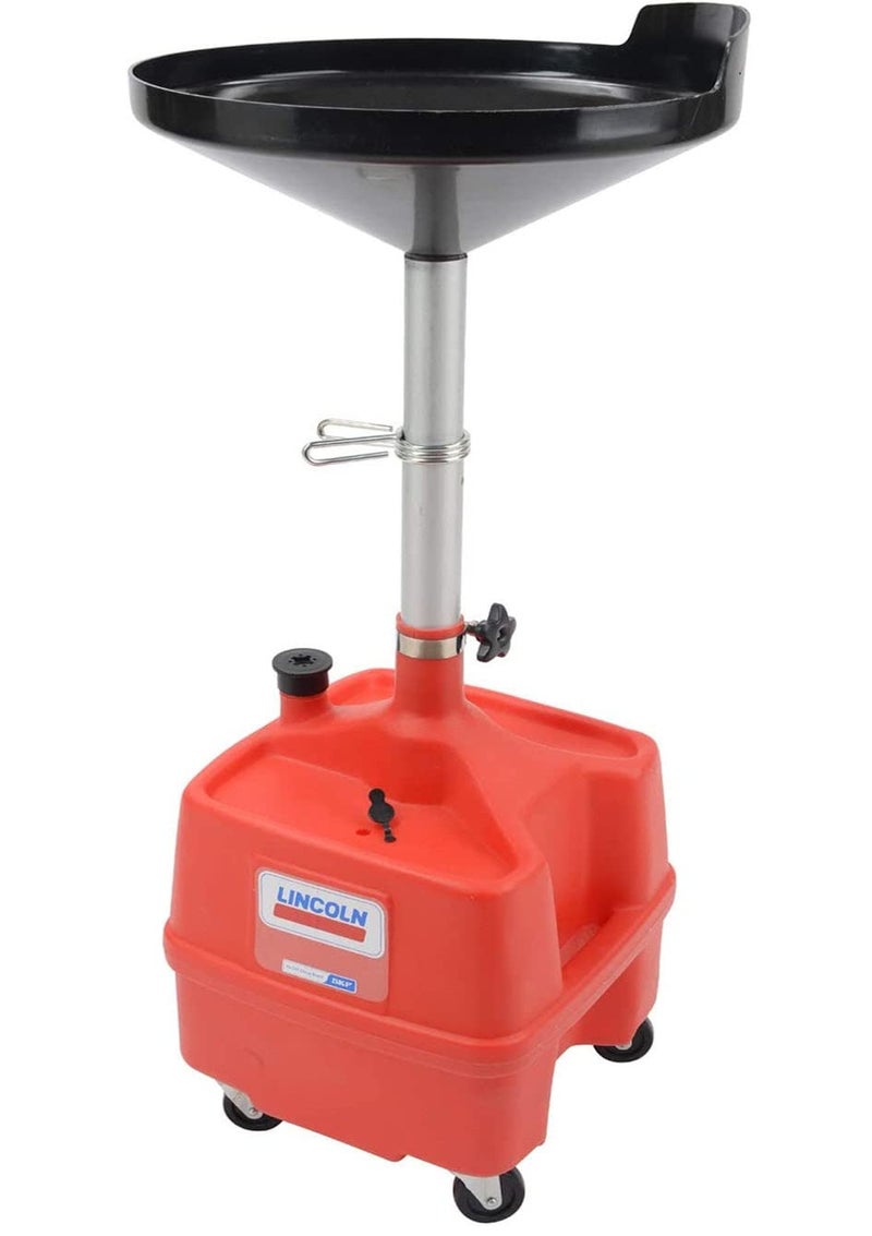 Lincoln 3508 8 Gallon Waste Fluid Drain Tank, 36-65" Adjustable Funnel Height, 17.5" Bowl, High-Density Polyethylene, Oil Filter Shelf, Draining Spigot and Bung Port, 4 2.5" Swivel Casters, Red - Image 1