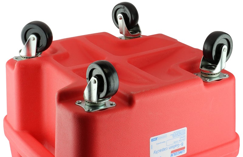 Lincoln 3508 8 Gallon Waste Fluid Drain Tank, 36-65" Adjustable Funnel Height, 17.5" Bowl, High-Density Polyethylene, Oil Filter Shelf, Draining Spigot and Bung Port, 4 2.5" Swivel Casters, Red - Image 4