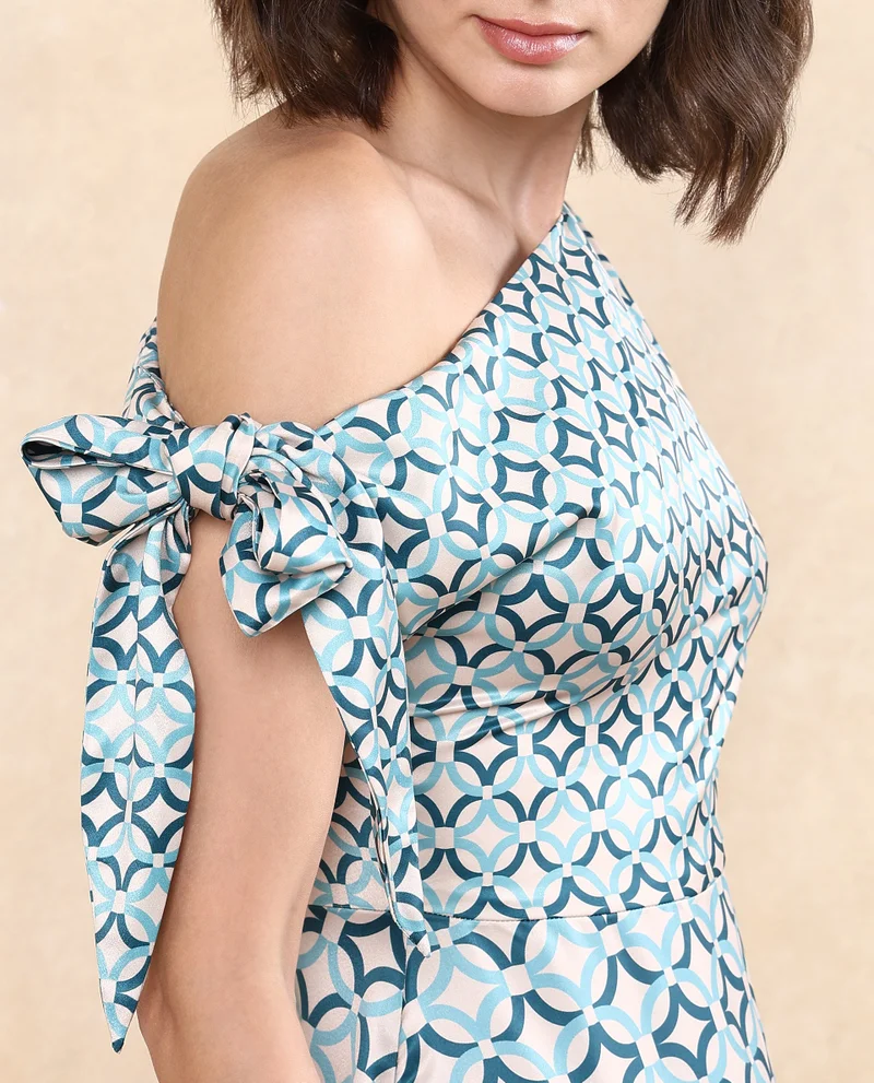 Rareism Rareism Women's Jinican Light Multi Satin Fabric Asymmetric Neck Zipper Closure Tie Up Sleeve Geometric Print Asymmetric Midi Dress