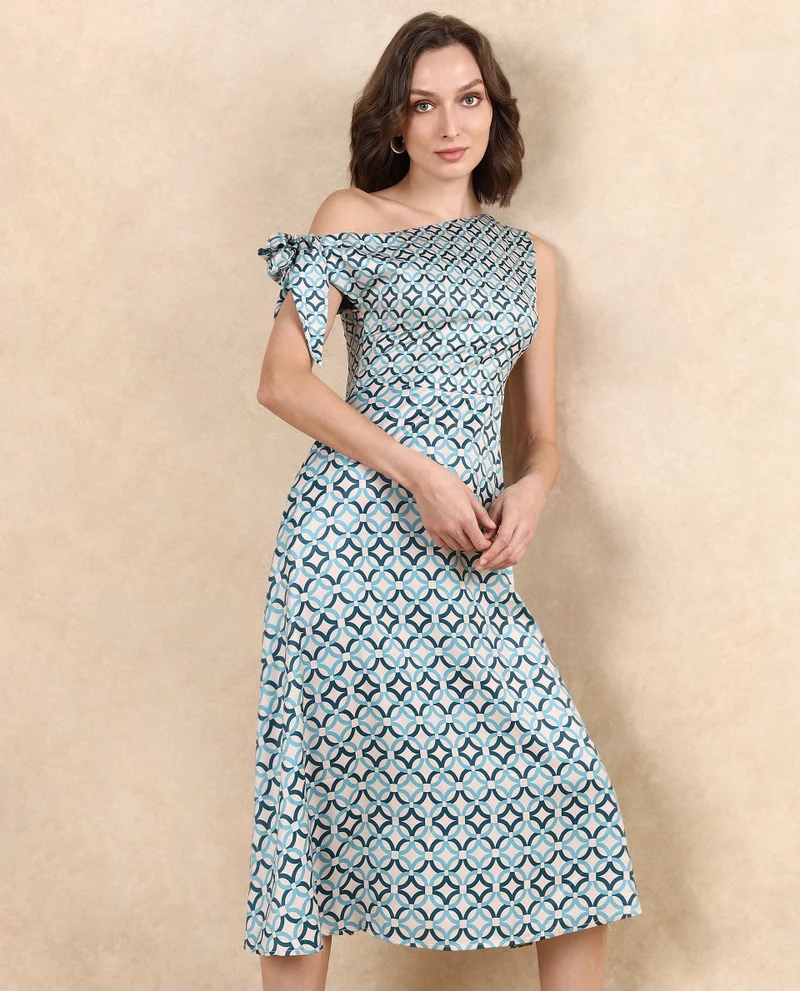 Rareism Rareism Women's Jinican Light Multi Satin Fabric Asymmetric Neck Zipper Closure Tie Up Sleeve Geometric Print Asymmetric Midi Dress