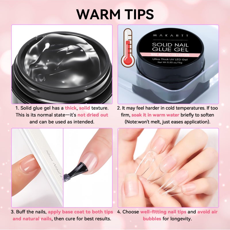 Makartt Solid Nail Glue Gel for Press on Nails: Strong Gel Nail Glue for Fake Nails, Long Lasting Clear Hard 3D Sculpting Gels for DIY Home and Salon Use 15ML UV Light Cured - Image 3
