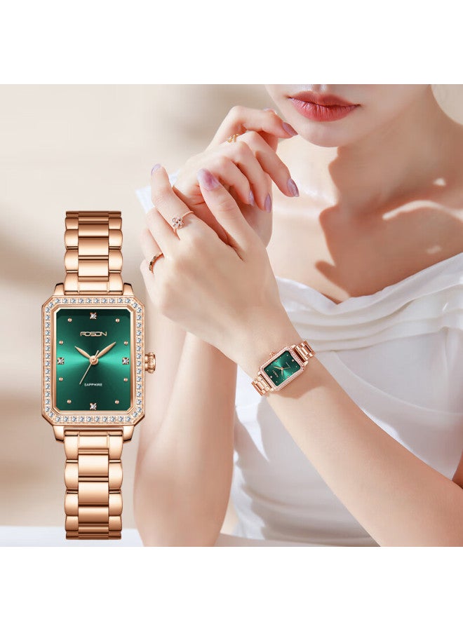 Rosdn Genuine Diamond Mint Square Sugar Women's Watch, Fashionable Waterproof Small Green Watch, Top Ten Brands, Birthday Gift For Girlfriend - Image 1