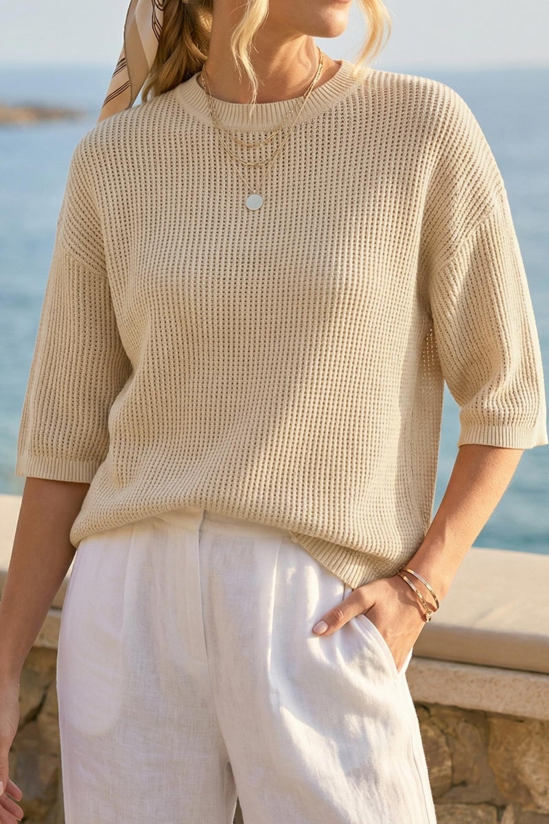 Arach&Cloz 2026 Women's Cotton Spring Summer Crochet Tops Crew Neck 3/4 Half Drop Short Sleeve Hollow Out Oversized Resort Wear Sweater Pullover Casual Vacation Outfits Trendy Shirts Light Khaki M - Image 2