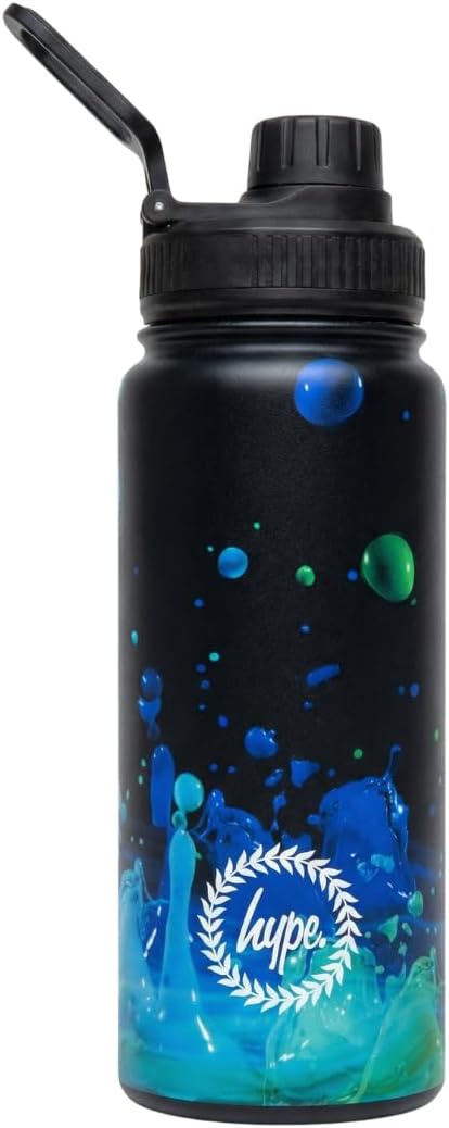 HYPE Kids Water Bottle Black 3D Droplets - 600ml Stainless Steel Insulated, Double Wall Leakproof for School, Sports, Gym, and Travel