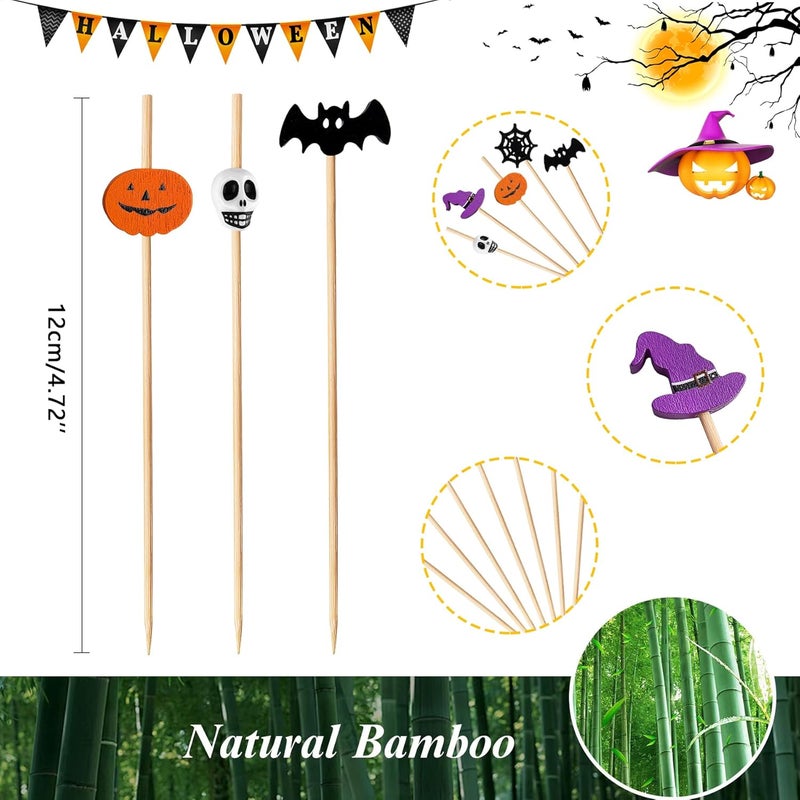 KIGEAPUEL 100 pcs Halloween Cocktail Picks, Ghost Pumpkin Spider Boo Bat Decoration Fruit Sticks Sandwich Appetizer Charcuterie Skewers for Halloween Themed Party Supplies - Image 2