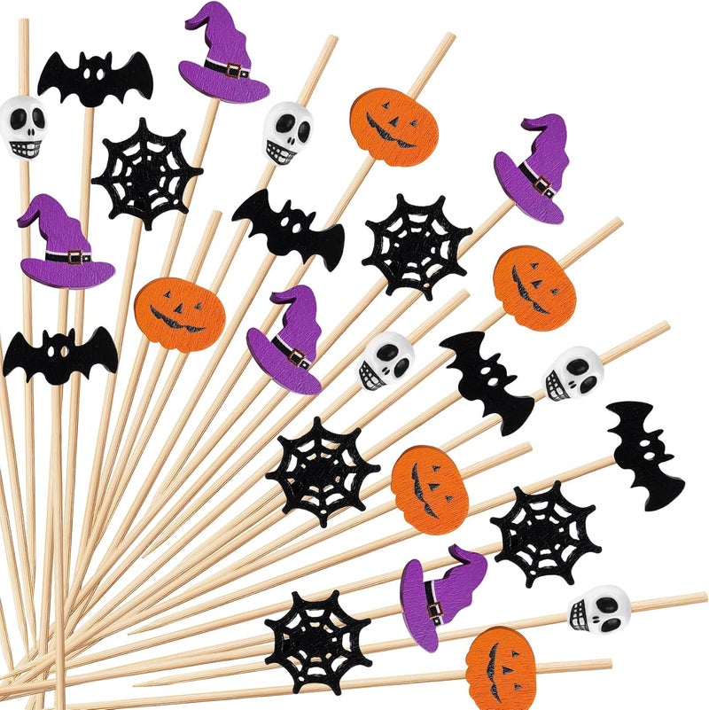 KIGEAPUEL 100 pcs Halloween Cocktail Picks, Ghost Pumpkin Spider Boo Bat Decoration Fruit Sticks Sandwich Appetizer Charcuterie Skewers for Halloween Themed Party Supplies - Image 1