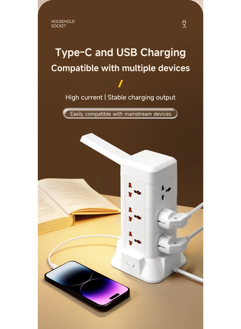 Multi Plug Socket Power Tower Extension Cord with Wireless Charging and Built-in Mini Table Lamp, Power Strips Extension Cord Multiple Sockets Plugs Adapter with USB and PD Ports, home work desktop organizer cable station office supplies - Image 2