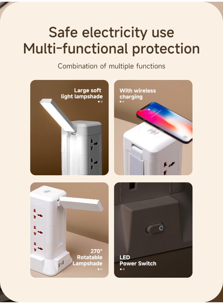 Multi Plug Socket Power Tower Extension Cord with Wireless Charging and Built-in Mini Table Lamp, Power Strips Extension Cord Multiple Sockets Plugs Adapter with USB and PD Ports, home work desktop organizer cable station office supplies - Image 3