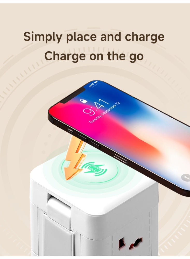 Multi Plug Socket Power Tower Extension Cord with Wireless Charging and Built-in Mini Table Lamp, Power Strips Extension Cord Multiple Sockets Plugs Adapter with USB and PD Ports, home work desktop organizer cable station office supplies - Image 4