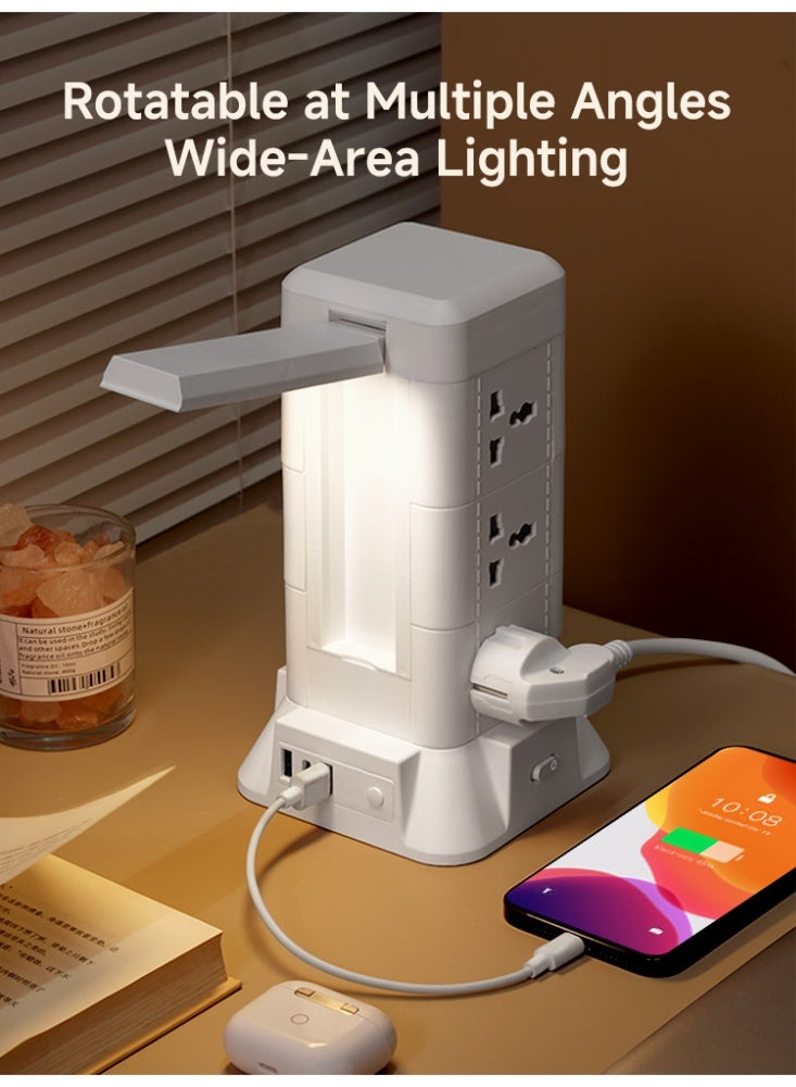 Multi Plug Socket Power Tower Extension Cord with Wireless Charging and Built-in Mini Table Lamp, Power Strips Extension Cord Multiple Sockets Plugs Adapter with USB and PD Ports, home work desktop organizer cable station office supplies - Image 5