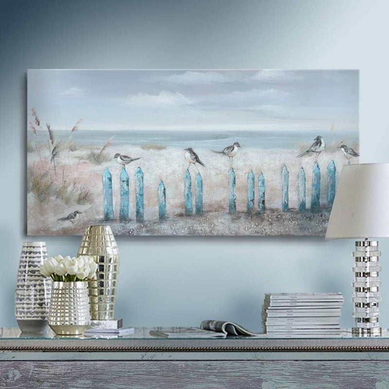 amatop Ocean Beach Wall Art 3D Framed Hand-Painted Seascape Oil Painting Perching Bird Canvas Artwork 'The Tranquility by The Sea Shore' for Living Room Bedroom Décor Coastal Blue 16x32inch - Image 1