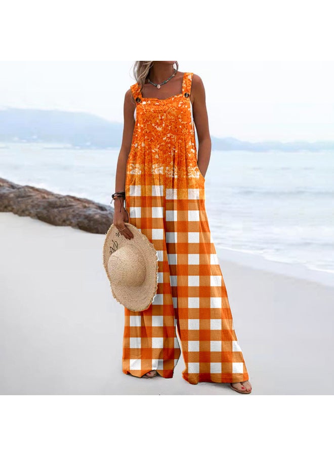 Summer Europe And The United States Spring And Summer Strap Wide Leg Printed Straight Jumpsuit Women