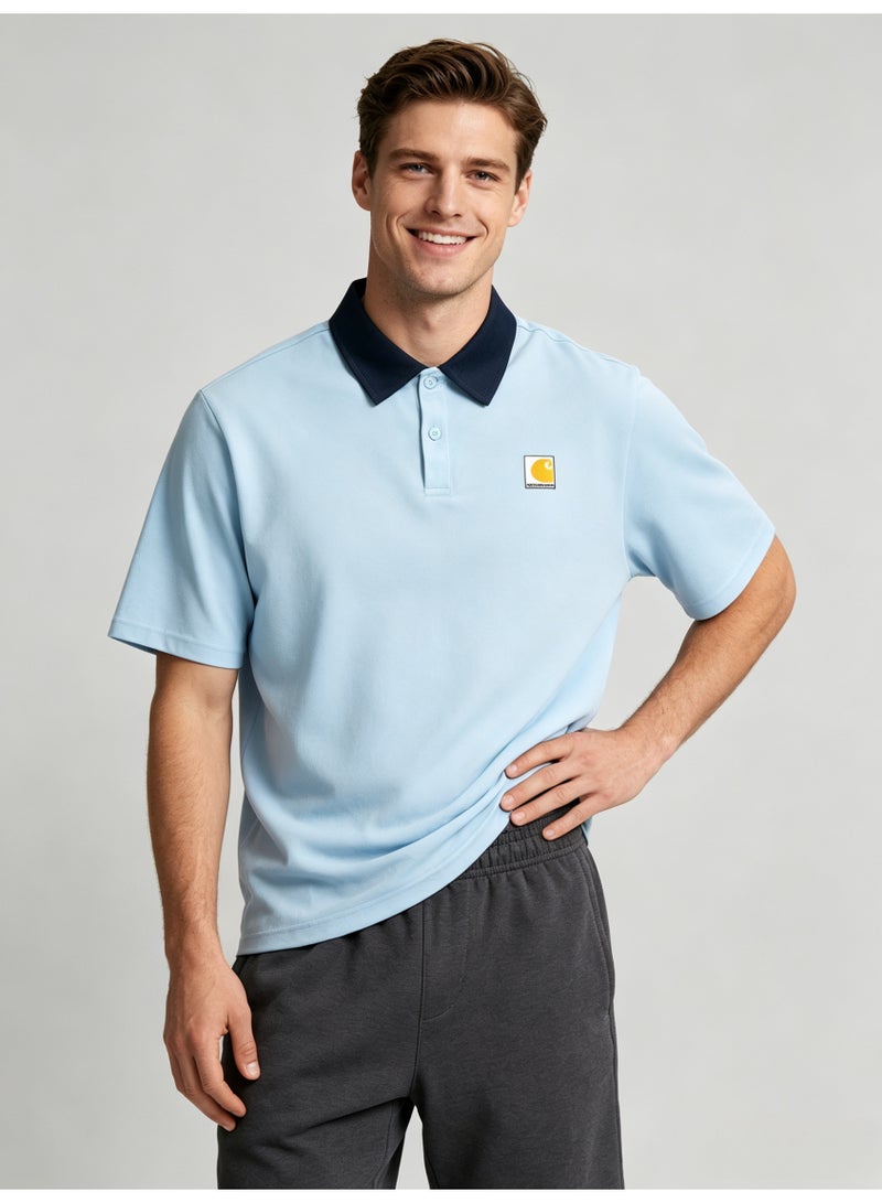 Carhartt Men's Short‑Sleeve Polo Shirt, Contrast Navy Collar Square Logo Patch Casual Breathable Pique Cotton Polo Top - Image 1