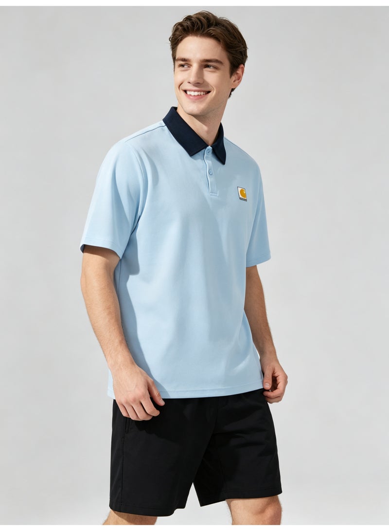 Carhartt Men's Short‑Sleeve Polo Shirt, Contrast Navy Collar Square Logo Patch Casual Breathable Pique Cotton Polo Top - Image 2