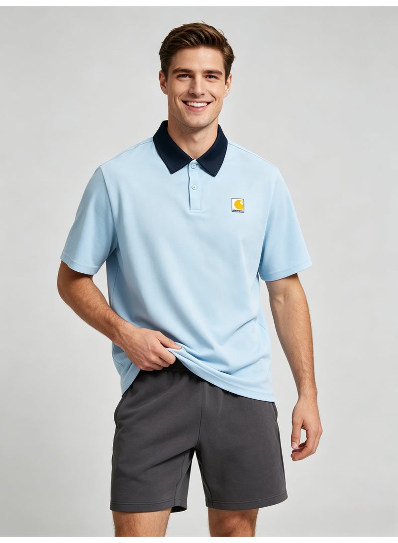 Carhartt Men's Short‑Sleeve Polo Shirt, Contrast Navy Collar Square Logo Patch Casual Breathable Pique Cotton Polo Top - Image 3