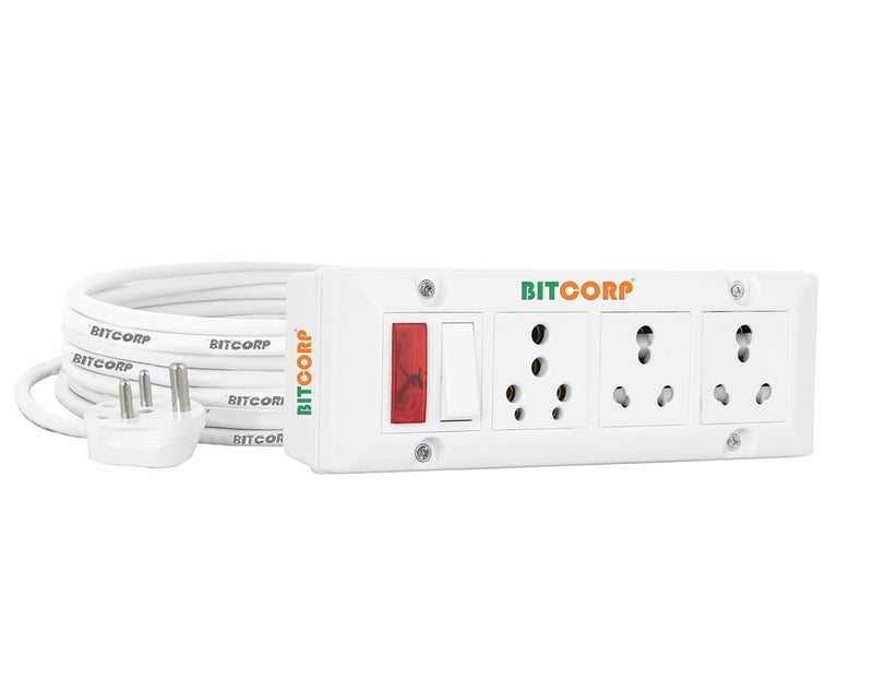 BITCORP Extension Cord 6A 16A 20A for Small and Heavy Duty Appliances 3 Way Multi Pin Outlet Plug 1 Switch 2000 Load Capacity Spike Guard Power Strip with 8 Meter Long Cable Cord White - Image 1