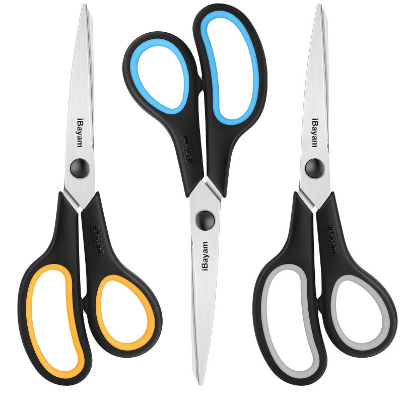 iBayam Scissors All Purpose, iBayam 8" Heavy Duty Scissors Bulk 3-Pack, 2.5mm Thickness Ultra Sharp Blade Shears with Comfort-Grip Handles for Office Home School Sewing Fabric Craft Supplies, Right/Left Hand - Image 1