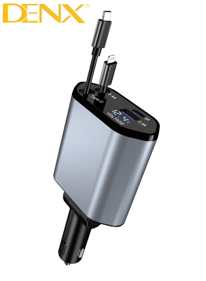 Denx 4 in 1 Retractable Car Charger 18W Compatible with Android and IOS Devices Fast Car Power Adapter 80cm Type C Cables 18W USB Output and Display - Image 1