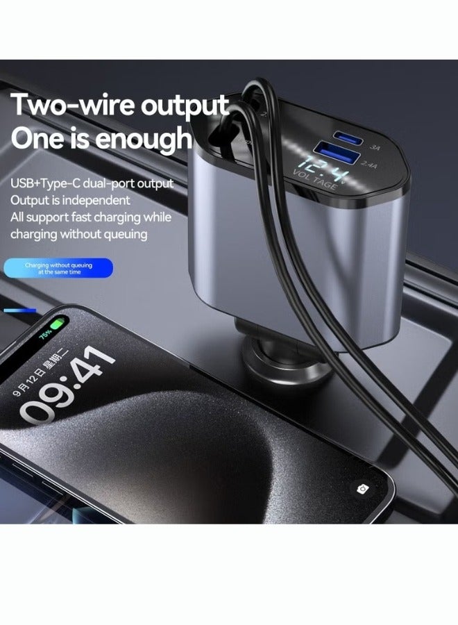 Denx 4 in 1 Retractable Car Charger 18W Compatible with Android and IOS Devices Fast Car Power Adapter 80cm Type C Cables 18W USB Output and Display - Image 3