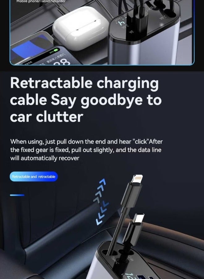 Denx 4 in 1 Retractable Car Charger 18W Compatible with Android and IOS Devices Fast Car Power Adapter 80cm Type C Cables 18W USB Output and Display - Image 5