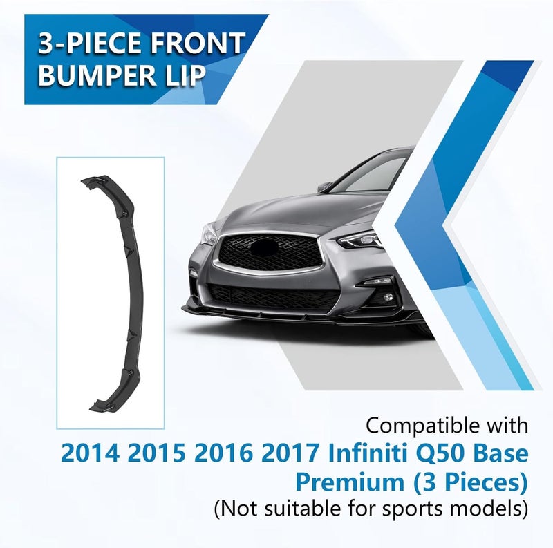 ECOTRIC سبويلر شفة المصد الأمامي متوافق مع إنفينيتي Q50 2014-2017 (3 قطع) باللون الأسود اللامع - Image 2