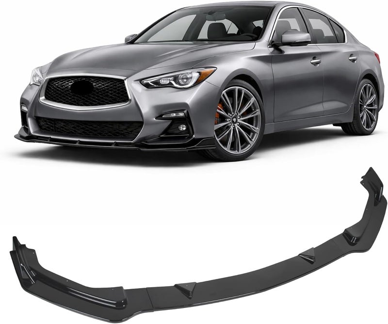 ECOTRIC سبويلر شفة المصد الأمامي متوافق مع إنفينيتي Q50 2014-2017 (3 قطع) باللون الأسود اللامع - Image 1