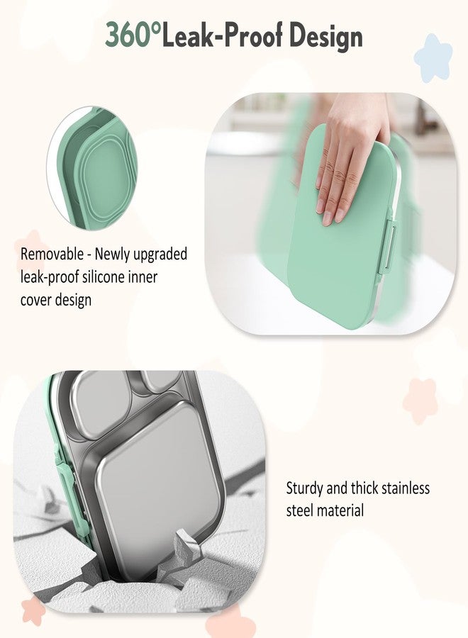 Howeemo Stainless Steel Bento Box Kids, Leak Proof Metal Bento Lunch Box,3 Compartments 304 Stainless Steel Bento Lunch Containers for School and Office,Dishwasher Safe, BPA-Free(Green) - Image 3