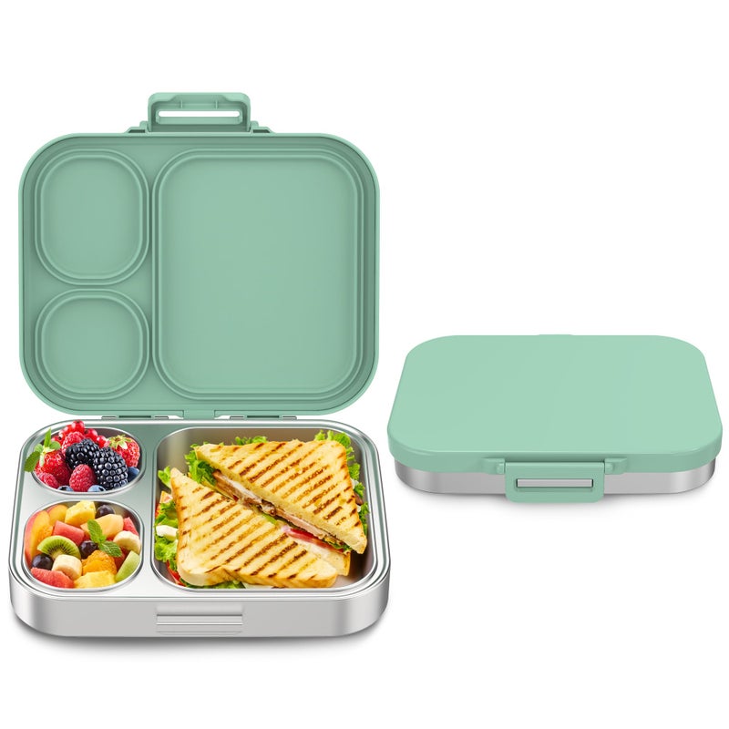 Howeemo Stainless Steel Bento Box Kids, Leak Proof Metal Bento Lunch Box,3 Compartments 304 Stainless Steel Bento Lunch Containers for School and Office,Dishwasher Safe, BPA-Free(Green) - Image 1