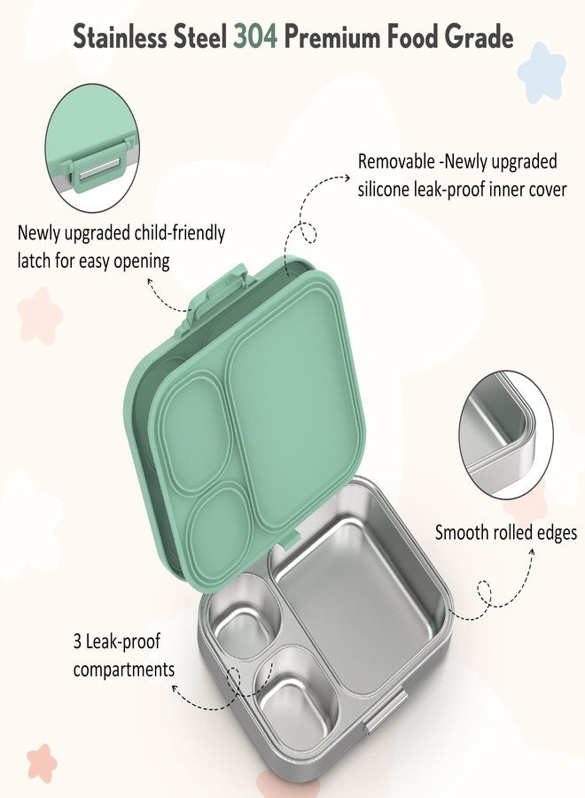 Howeemo Stainless Steel Bento Box Kids, Leak Proof Metal Bento Lunch Box,3 Compartments 304 Stainless Steel Bento Lunch Containers for School and Office,Dishwasher Safe, BPA-Free(Green) - Image 2