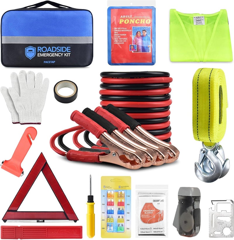 PACETAP Car Roadside Emergency Kit, Essential Auto Safety Road Side Assistance Tool Kit with Jumper Cables, Rain Coat, Tow Strap, Triangle and More Winter Vehicle Accessories - Image 1