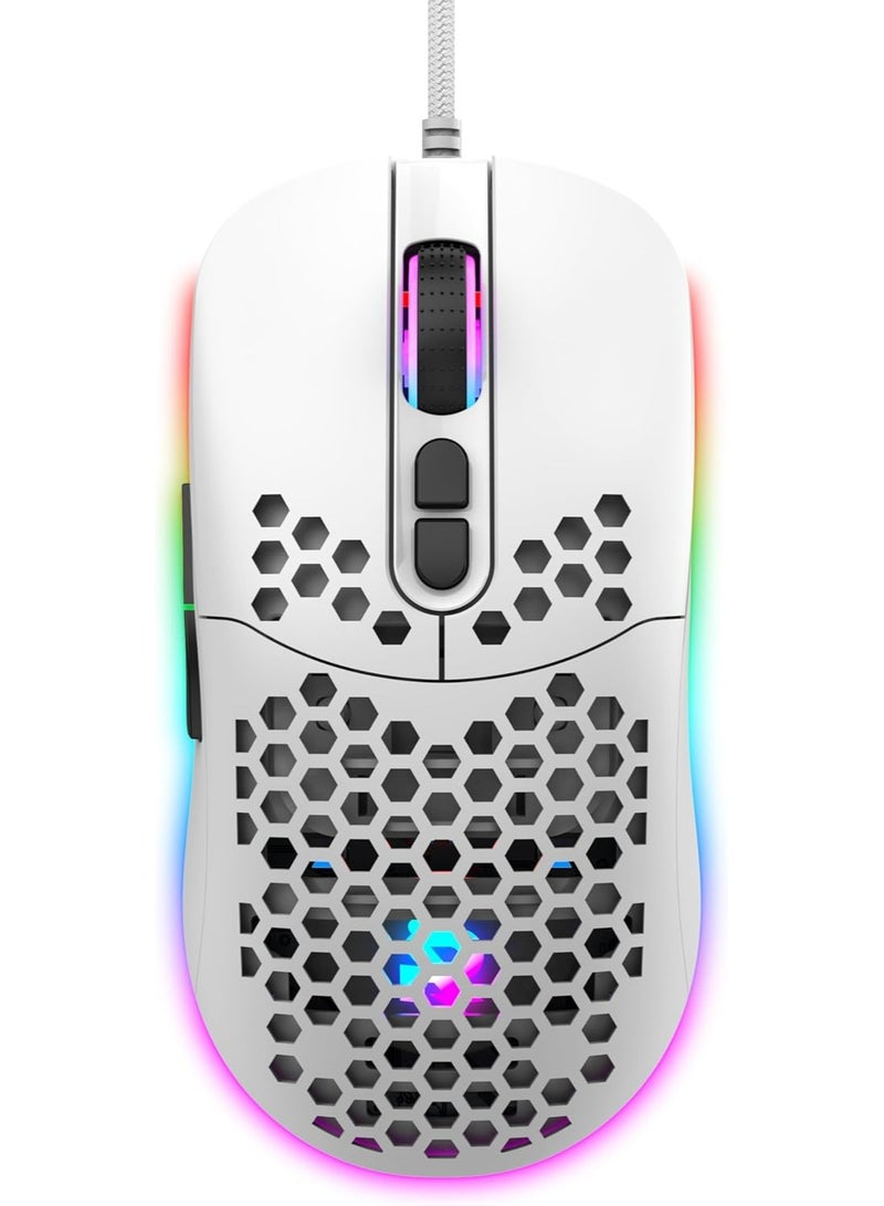ROCK POW Honeycomb Gaming Mouse Ultralight High-Precision 12800 DPI Optical Sensor 6 Programmable Buttons Ergonomic Wired RGB Gaming Mice for Mac, Laptop, Computer, PC White - Image 1