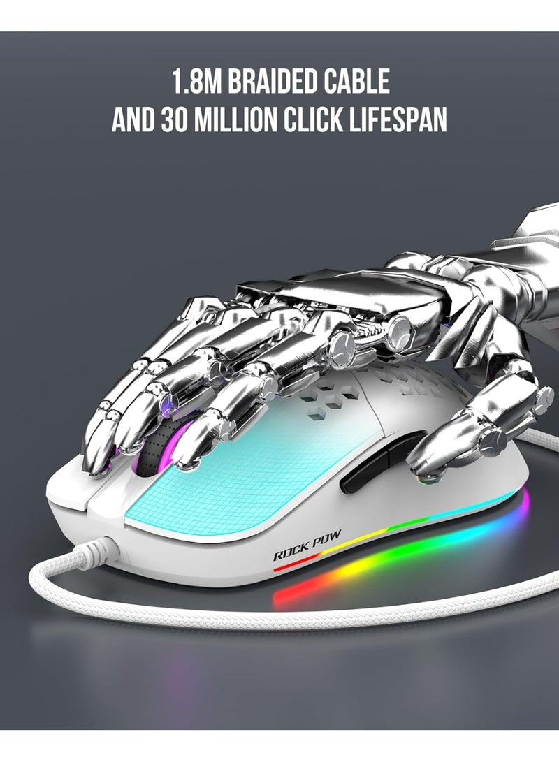 ROCK POW Honeycomb Gaming Mouse Ultralight High-Precision 12800 DPI Optical Sensor 6 Programmable Buttons Ergonomic Wired RGB Gaming Mice for Mac, Laptop, Computer, PC White - Image 5