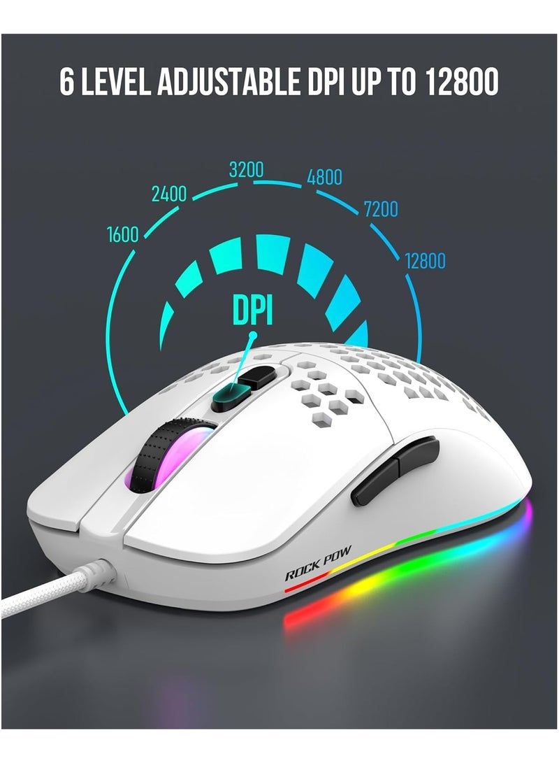 ROCK POW Honeycomb Gaming Mouse Ultralight High-Precision 12800 DPI Optical Sensor 6 Programmable Buttons Ergonomic Wired RGB Gaming Mice for Mac, Laptop, Computer, PC White - Image 3
