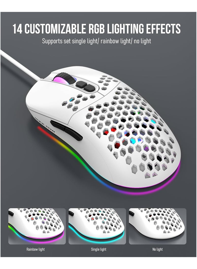 ROCK POW Honeycomb Gaming Mouse Ultralight High-Precision 12800 DPI Optical Sensor 6 Programmable Buttons Ergonomic Wired RGB Gaming Mice for Mac, Laptop, Computer, PC White - Image 2