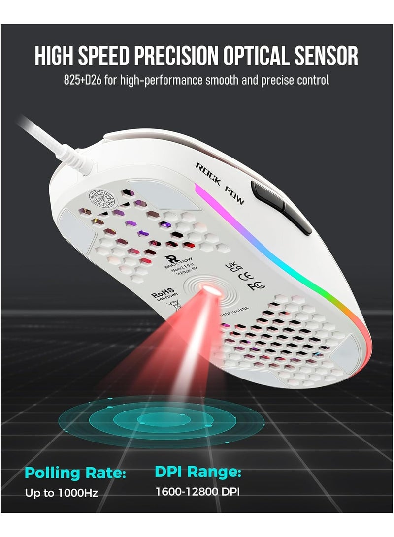 ROCK POW Honeycomb Gaming Mouse Ultralight High-Precision 12800 DPI Optical Sensor 6 Programmable Buttons Ergonomic Wired RGB Gaming Mice for Mac, Laptop, Computer, PC White - Image 4