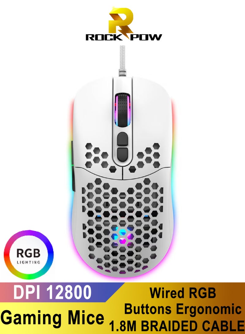 ROCK POW Honeycomb Gaming Mouse Ultralight High-Precision 12800 DPI Optical Sensor 6 Programmable Buttons Ergonomic Wired RGB Gaming Mice for Mac, Laptop, Computer, PC White - Image 1