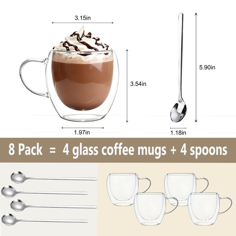 DINGPAI DINGPAl 4 Pack 8oz Double Wall Glass Coffee Mugs,Heat-resistant Borosilicate Glass Mug Cappuccino Espresso Tea Latte Cup with Handle,4 Spoons for Stirring Beverages in Bar,Cafe,or at Home - Image 2