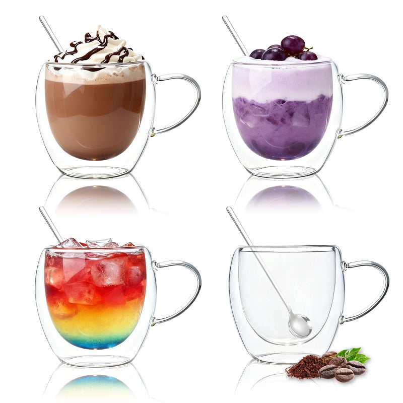 DINGPAI DINGPAl 4 Pack 8oz Double Wall Glass Coffee Mugs,Heat-resistant Borosilicate Glass Mug Cappuccino Espresso Tea Latte Cup with Handle,4 Spoons for Stirring Beverages in Bar,Cafe,or at Home - Image 1