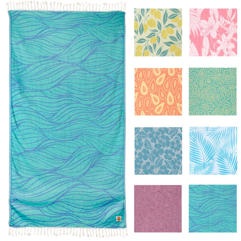 Nova Blue Tropical Turkish Beach Towel 35 x 67  Extra Large Wave Pattern 100 Cotton  Packable Travel Towel With Unique Designs