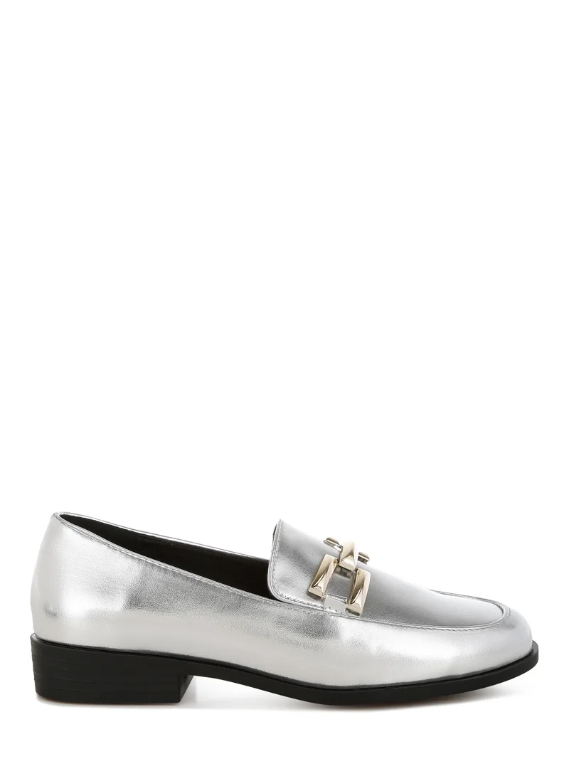 London Rag Women's Metallic Horsebit Detail Loafers in Silver