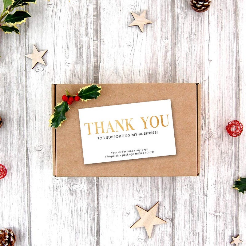 JioJio CHAN 50 White Bright Gold Letter Simple Design Thank You for Supporting My Small Business Cards (3.5 x 2 Inches) for Online, Handmade Goods, Retail Store, Customer Package Inserts, Back Blank - Image 3
