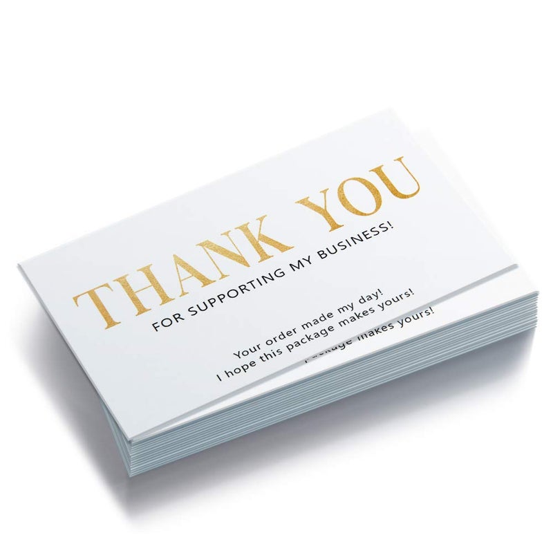 JioJio CHAN 50 White Bright Gold Letter Simple Design Thank You for Supporting My Small Business Cards (3.5 x 2 Inches) for Online, Handmade Goods, Retail Store, Customer Package Inserts, Back Blank - Image 1