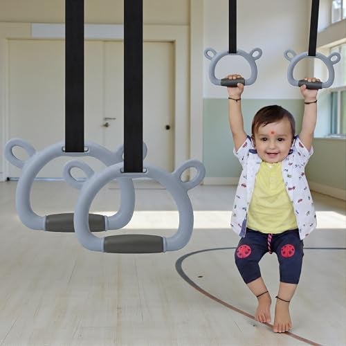 TechHark® Kids Gymnastic Rings with 11.5 Ft Adjustable Straps, Grey Bear Design, Up to 200Kg Capacity, Silicone Grip, Home Fitness Equipment for Children and Teens Training - Image 1