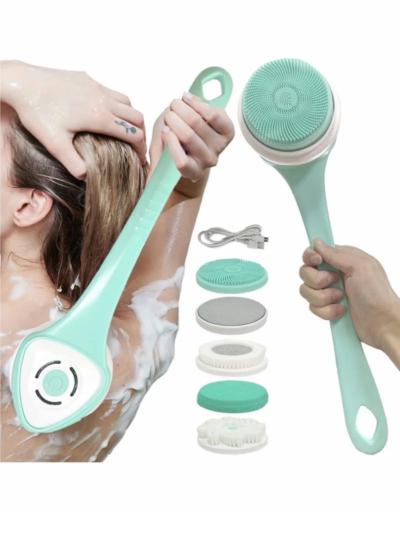 Electric Shower Brush Rechargeable Rotating Long Handle Back Scrubber Suitable for Body Cleansing Exfoliation Waterproof and Non-Slip with Siliconewith 5 Attachments Brush(Green) - Image 1