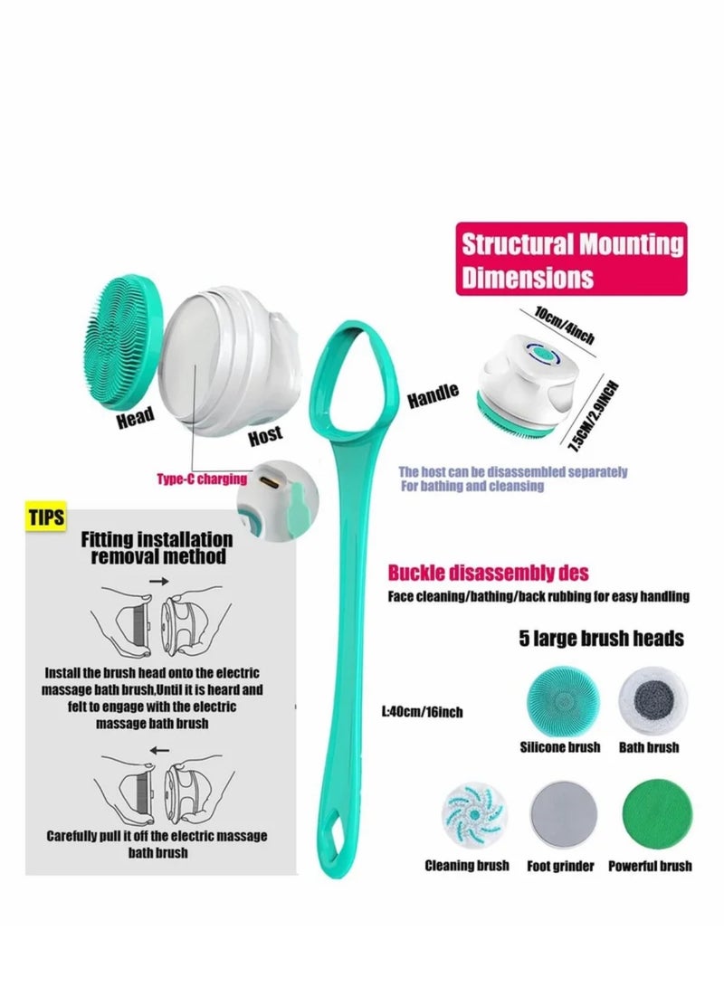 Electric Shower Brush Rechargeable Rotating Long Handle Back Scrubber Suitable for Body Cleansing Exfoliation Waterproof and Non-Slip with Siliconewith 5 Attachments Brush(Green) - Image 5