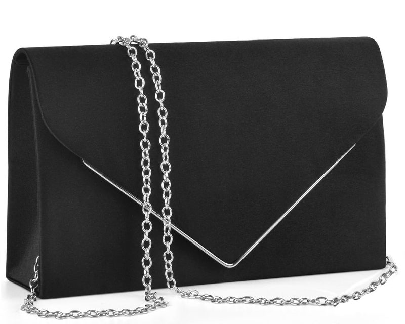 Women's Black Satin Glitter Evening Clutch Purse with Magnetic Closure and Straps - Image 1