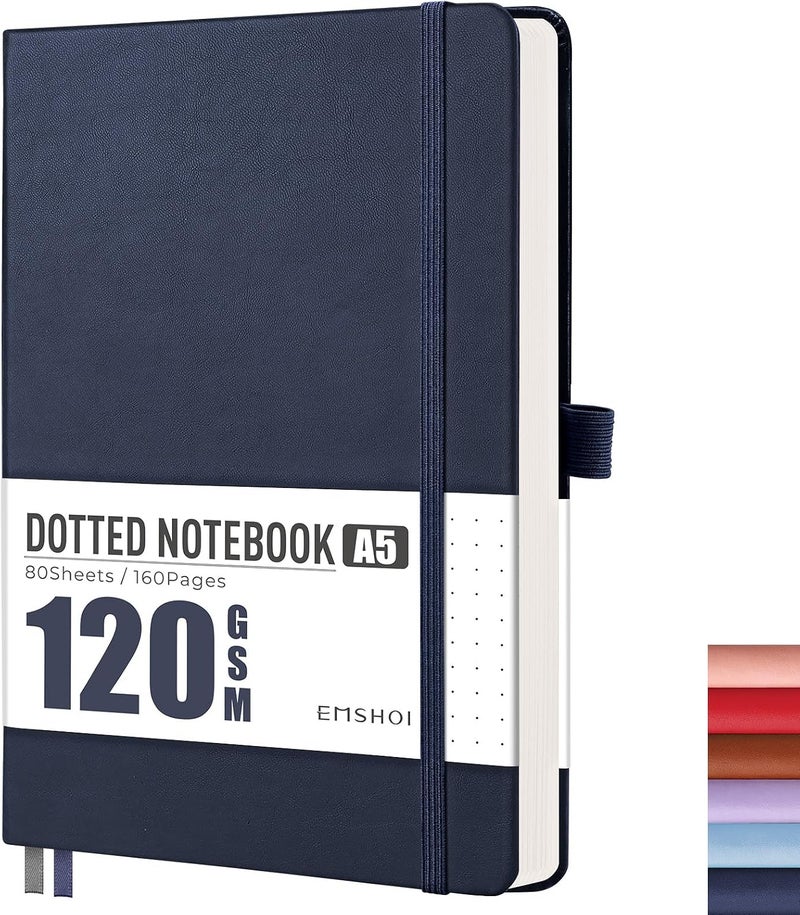 دفتر ملاحظات A5 منقط - 120gsm ورق سميك، غلاف صلب جلدي شبكي منقط لتدوين الرصاص مع 128 صفحة، استنسلات دفتر، جيب داخلي، 21 × 14.5 سم، أزرق بحري - Image 1