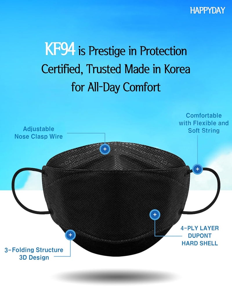 Happy Day  , 25 Packs, Made in KOREA Premium KF94 Micro Dust Protection Individually Packaged Black Face Mask Large - Image 4